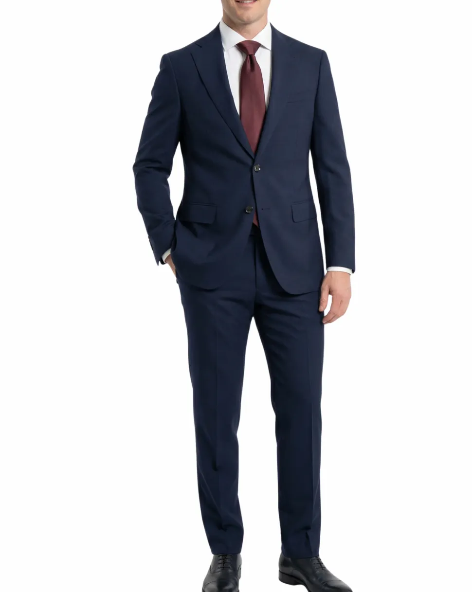 Cardeliano Mens Navy Blue Textured Half-Canvassed Slim Fit Notch Lapels 2 Button Wool Suit