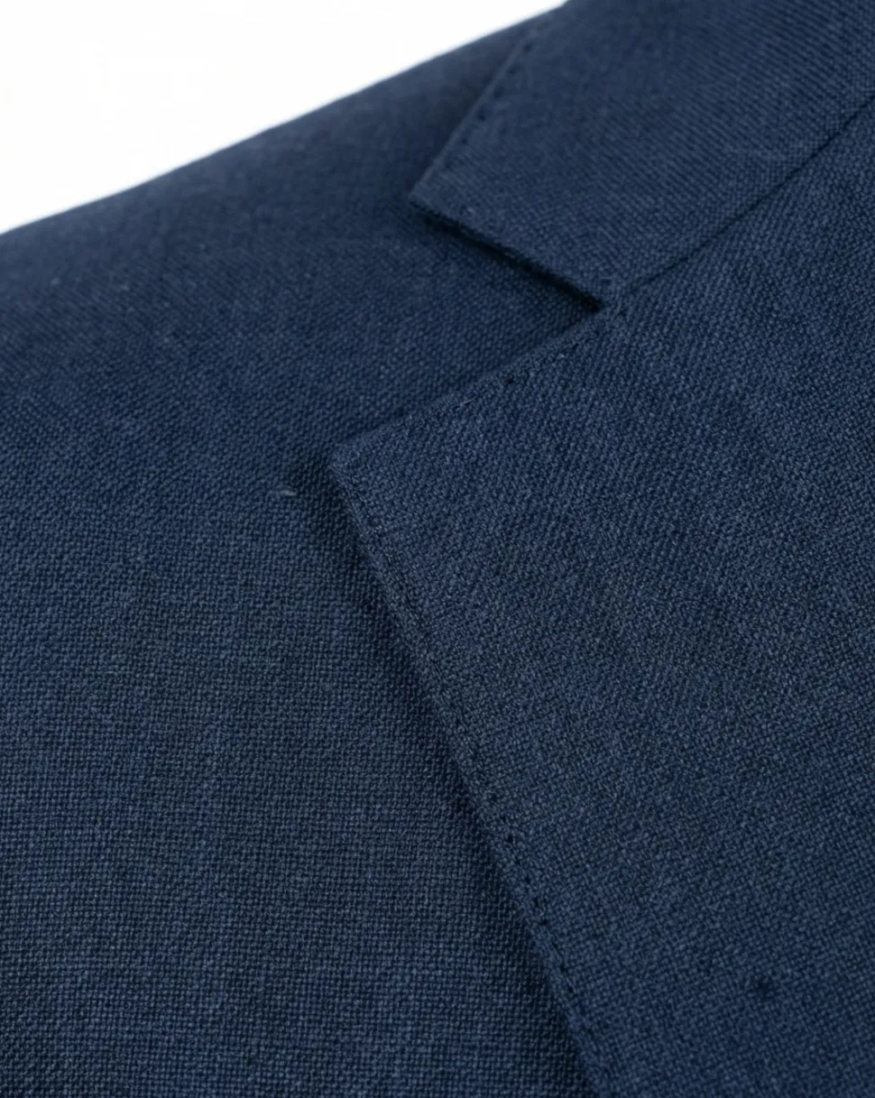 Cardeliano Mens Navy Blue Textured Half-Canvassed Slim Fit Notch Lapels 2 Button Wool Suit