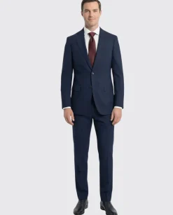 Cardeliano Mens Navy Blue Textured Half-Canvassed Slim Fit Notch Lapels 2 Button Wool Suit