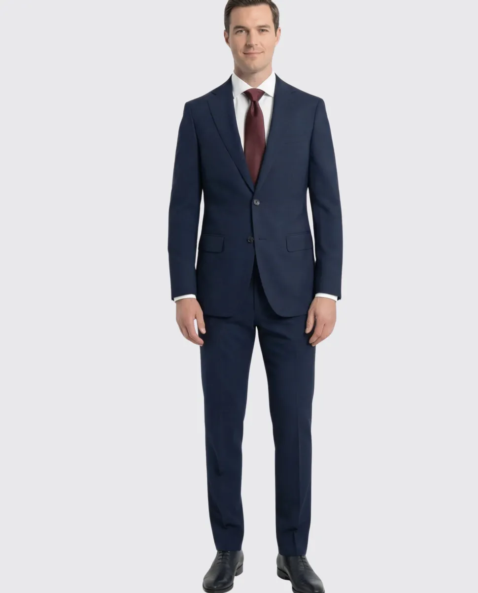 Cardeliano Mens Navy Blue Textured Half-Canvassed Slim Fit Notch Lapels 2 Button Wool Suit