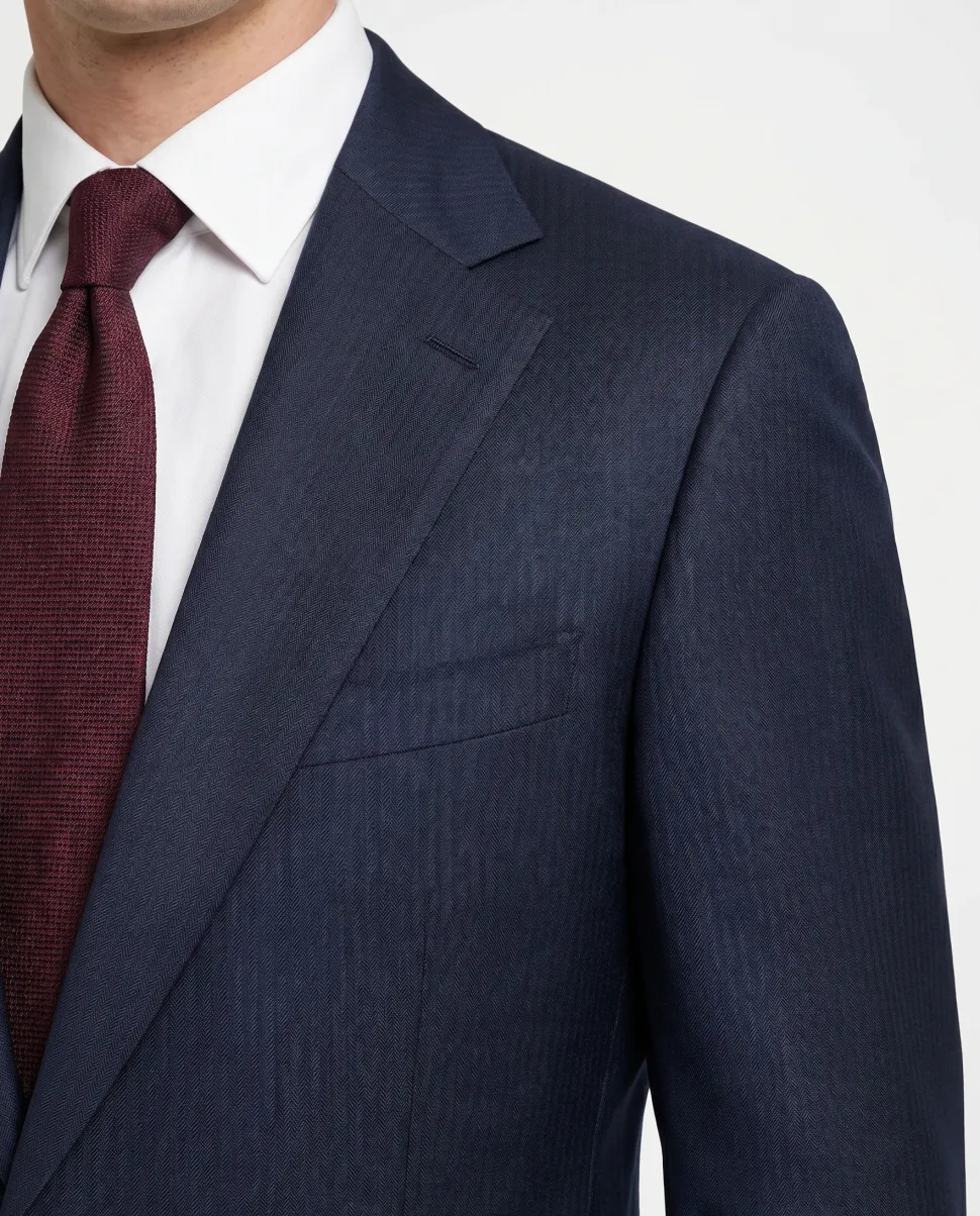 Cardeliano Navy Blue Textured Slim Fit Notch Lapel Wool 2-Button Suit