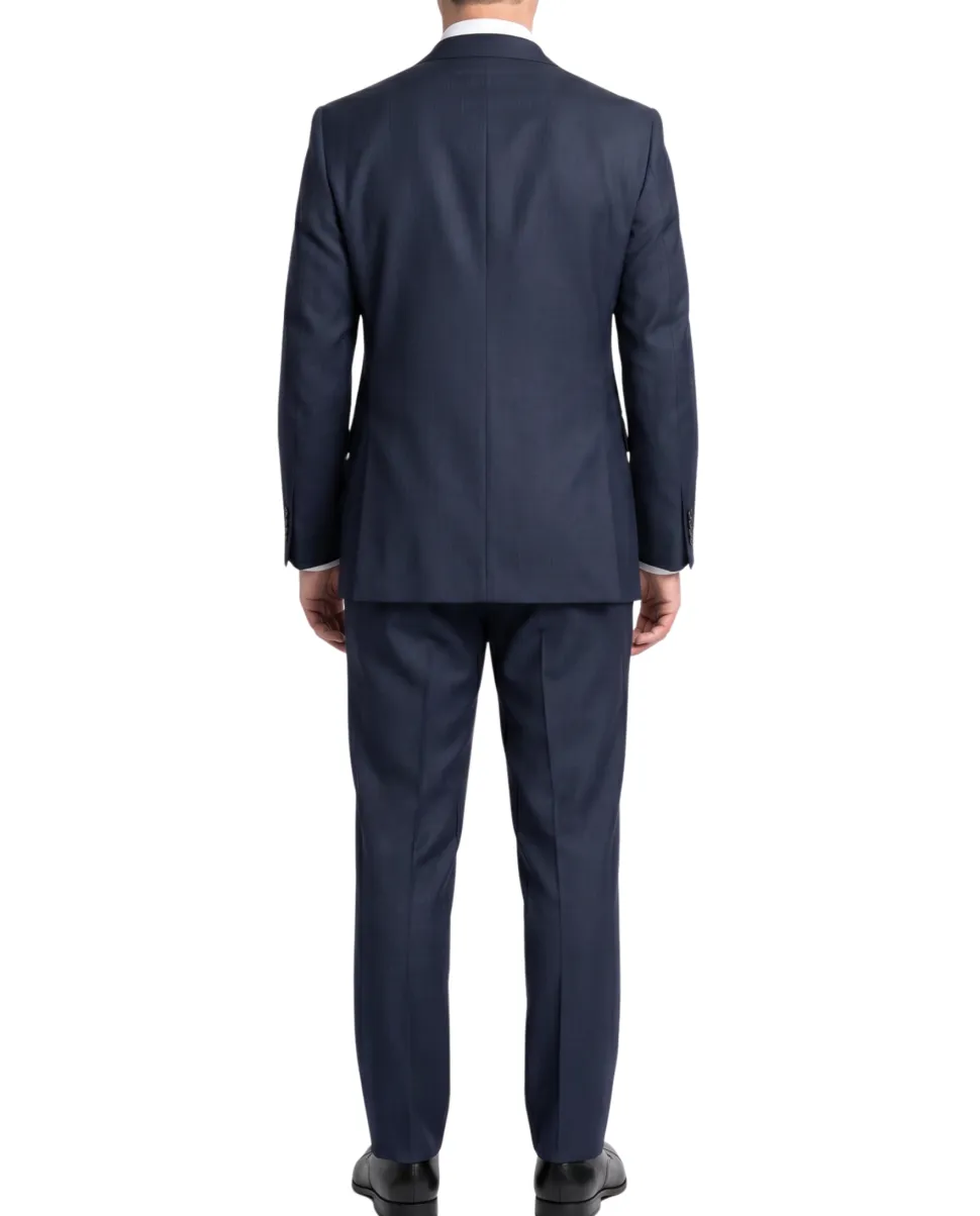 Cardeliano Navy Blue Textured Slim Fit Notch Lapel Wool 2-Button Suit
