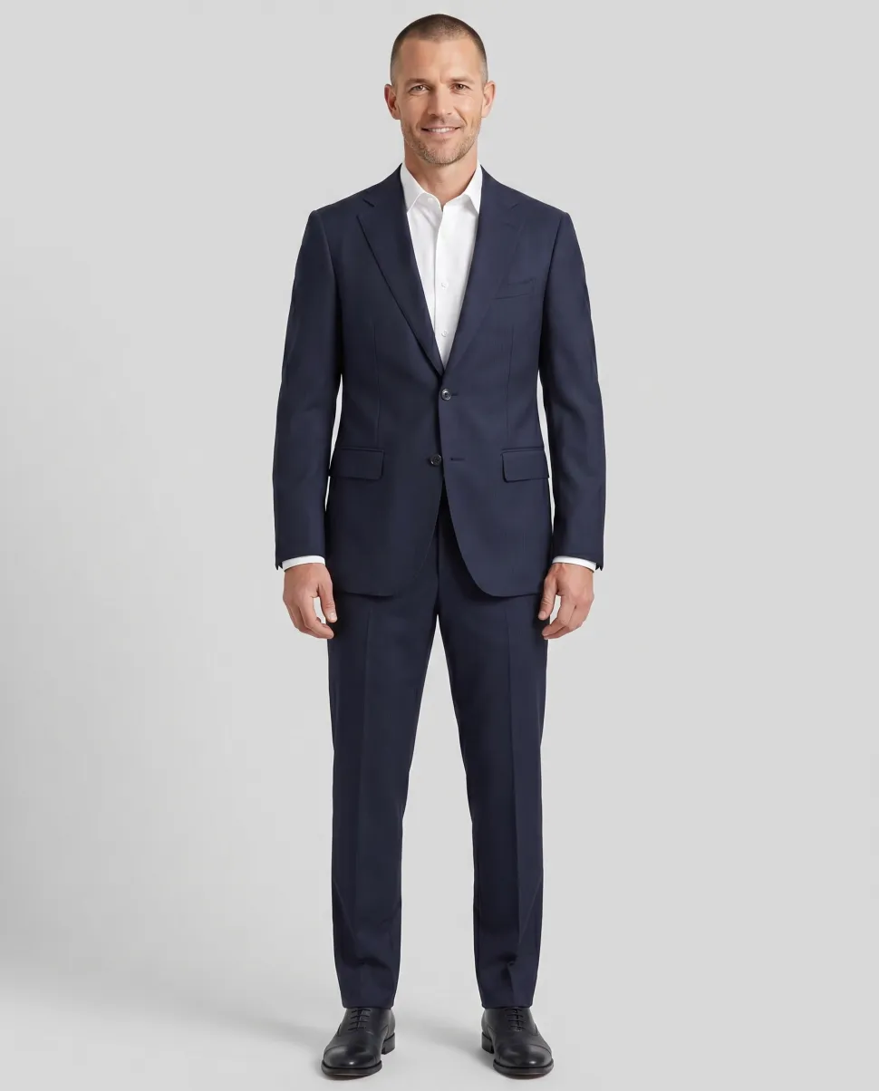 Cardeliano Navy Blue Textured Slim Fit Notch Lapel Wool 2-Button Suit
