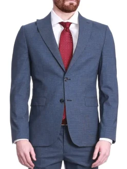 Carducci Mens Blue Mini Check Wool Blend Slim Fit Suit With Peak Lapels