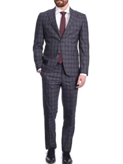 Carducci Mens Blue Windowpane Wool Blend Slim Fit Suit With Peak Lapels