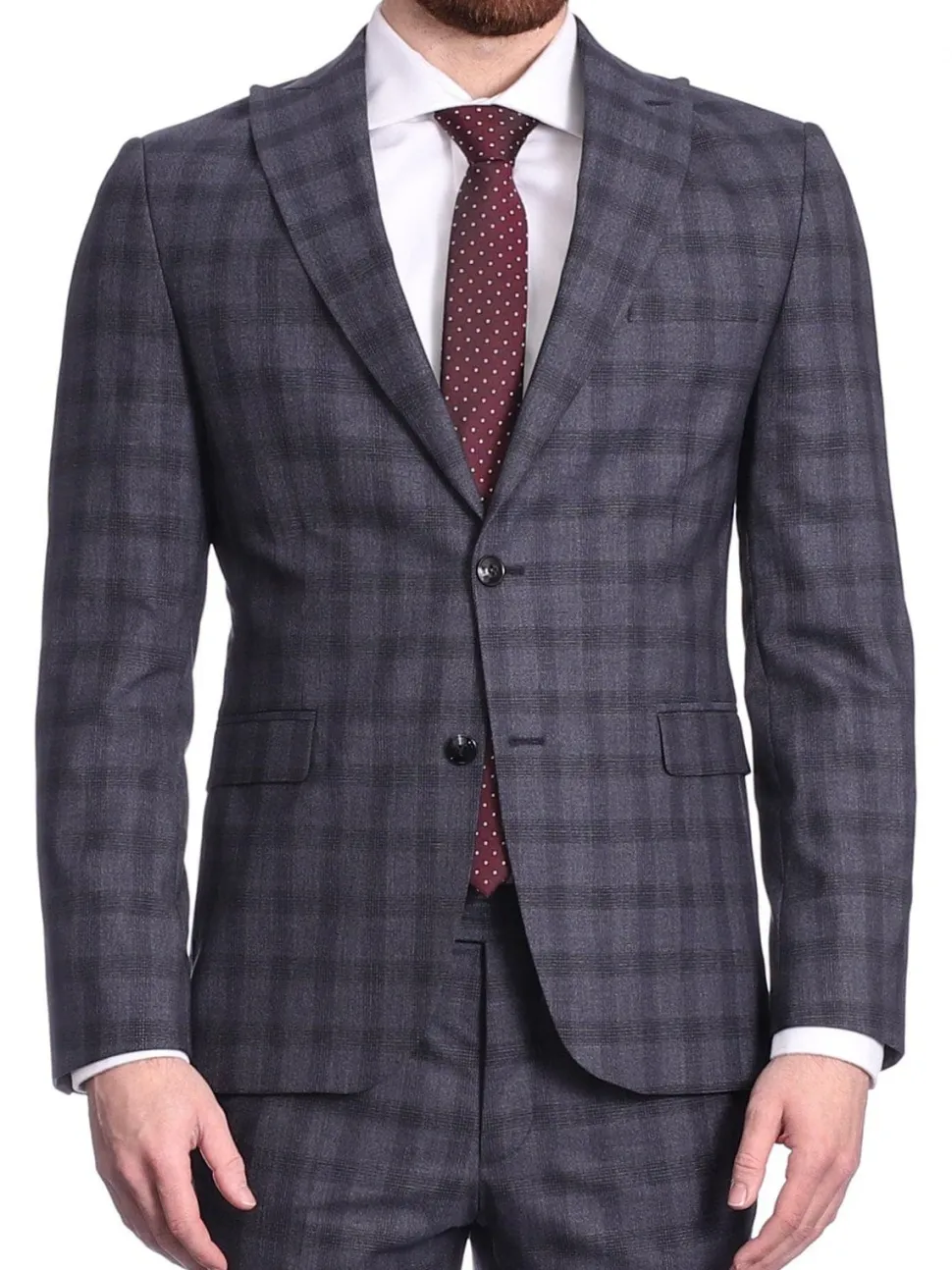 Carducci Mens Blue Windowpane Wool Blend Slim Fit Suit With Peak Lapels