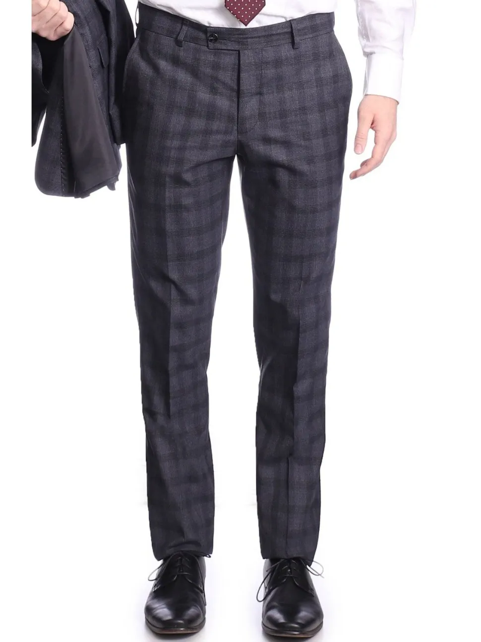 Carducci Mens Blue Windowpane Wool Blend Slim Fit Suit With Peak Lapels