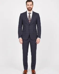 Carducci Mens Blue Windowpane Wool Blend Slim Fit Suit With Peak Lapels