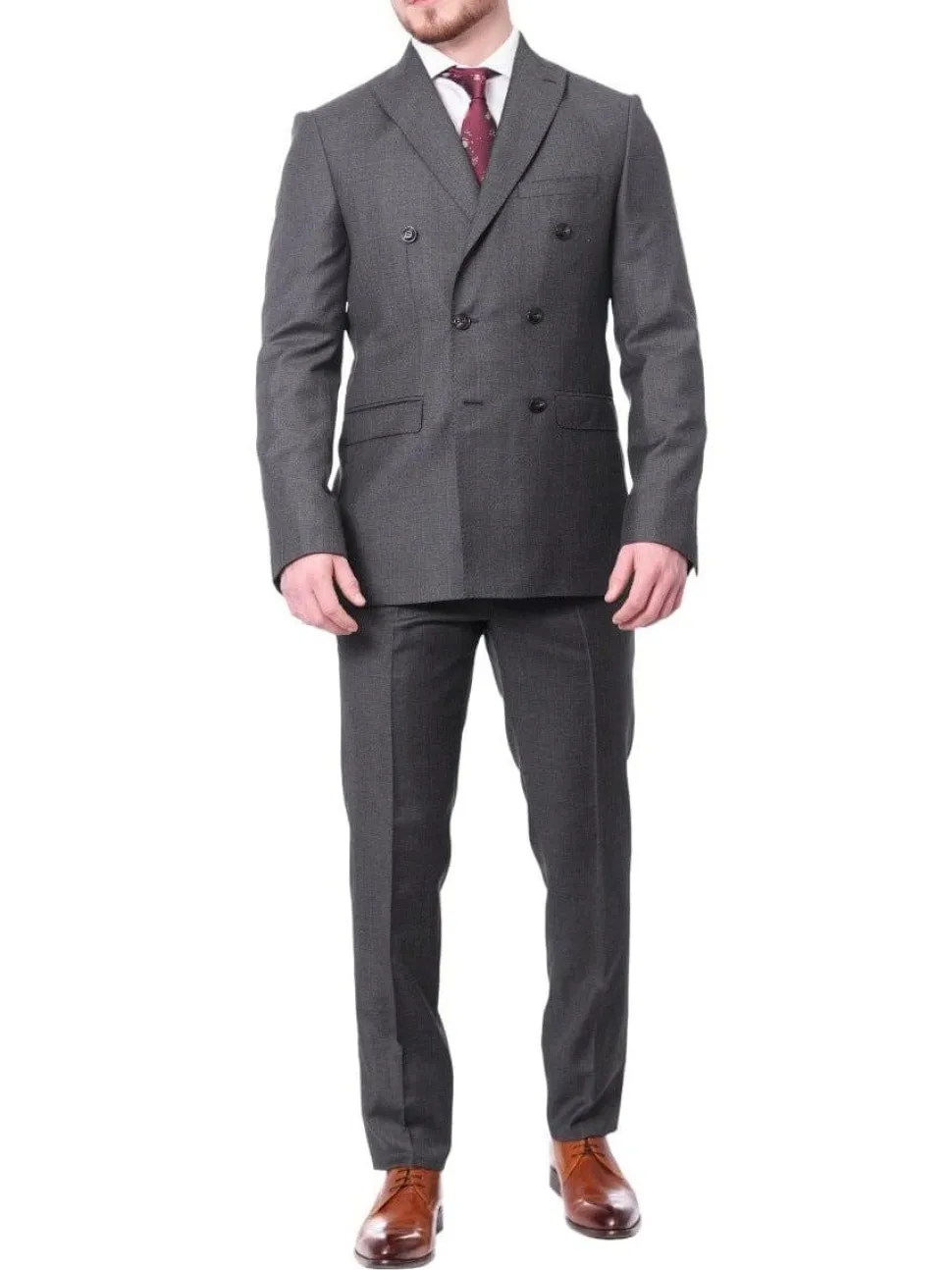 Carducci Mens Gray With Blue Windowpane 100% Wool Slim Fit Suit