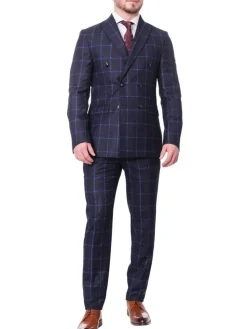 Carducci Mens Navy Blue Windowpane 100% Wool Flannel Slim Fit Suit