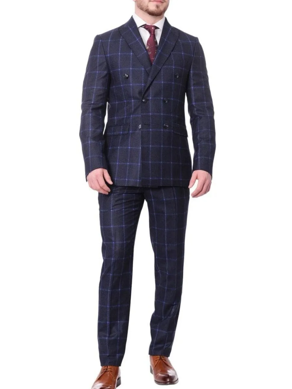 Carducci Mens Navy Blue Windowpane 100% Wool Flannel Slim Fit Suit