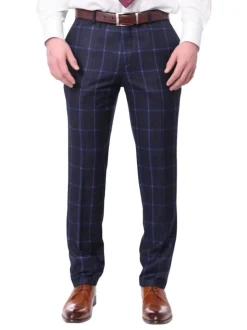 Carducci Mens Navy Blue Windowpane 100% Wool Flannel Slim Fit Suit