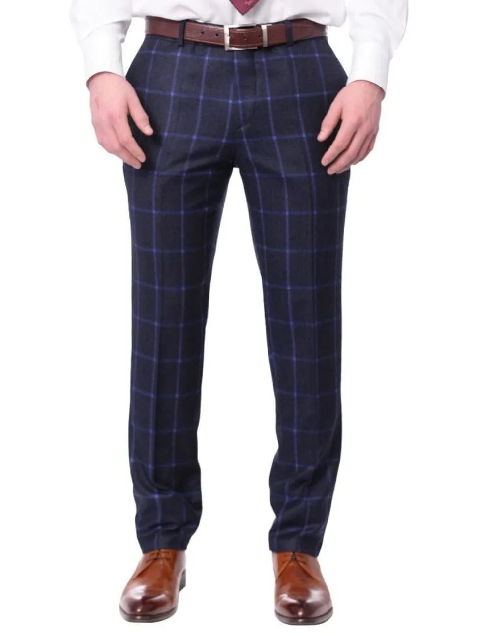 Carducci Mens Navy Blue Windowpane 100% Wool Flannel Slim Fit Suit