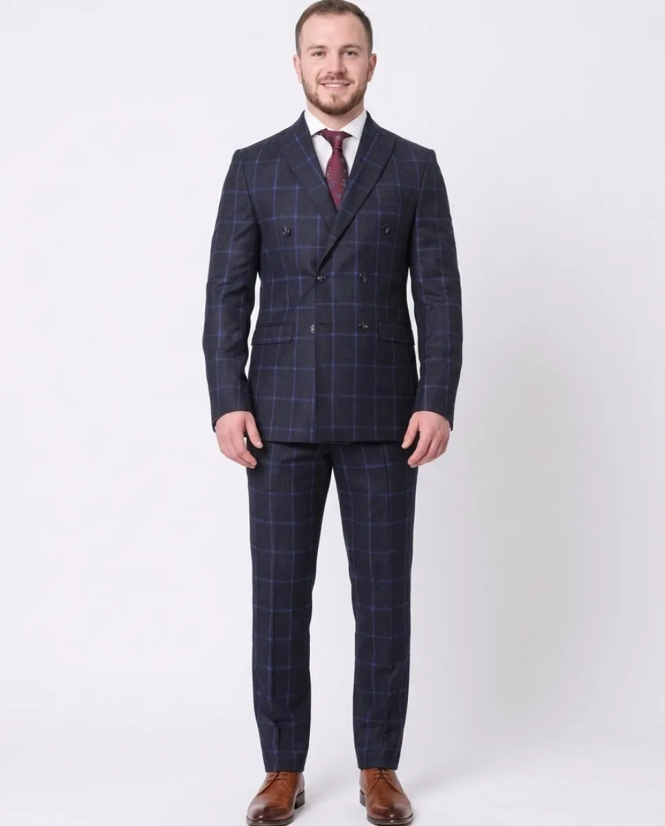 Carducci Mens Navy Blue Windowpane 100% Wool Flannel Slim Fit Suit