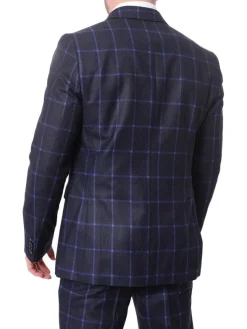 Carducci Mens Navy Blue Windowpane 100% Wool Flannel Slim Fit Suit