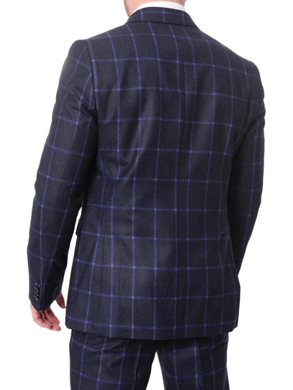 Carducci Mens Navy Blue Windowpane 100% Wool Flannel Slim Fit Suit