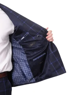 Carducci Mens Navy Blue Windowpane 100% Wool Flannel Slim Fit Suit
