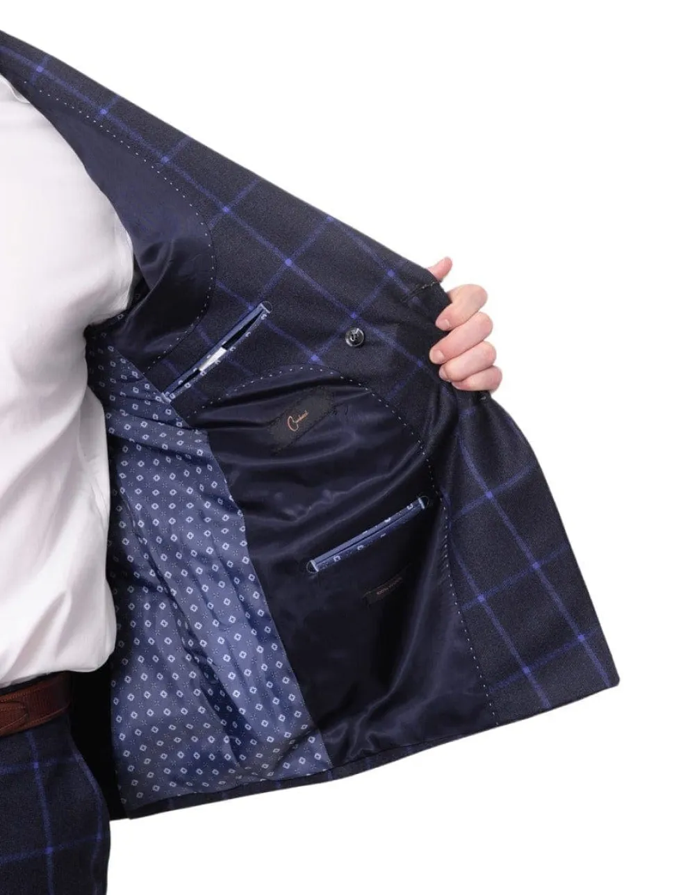 Carducci Mens Navy Blue Windowpane 100% Wool Flannel Slim Fit Suit