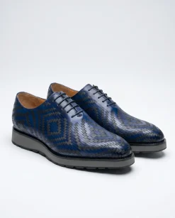Carrucci Blue & Black Geometric Woven Lace-Up Leather Oxford Shoes