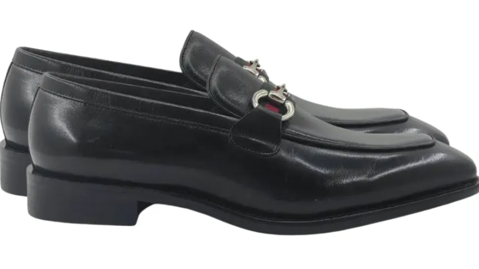 Carrucci Men's Black Burnished Calfskin Horsebit Loafer Dress Shoes