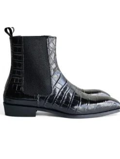 Carrucci Mens Black Crocodile Embossed Leather Chelsea Boots