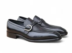 Carrucci Men's Black Leather Braided Bit Loafer with Buckle Detail