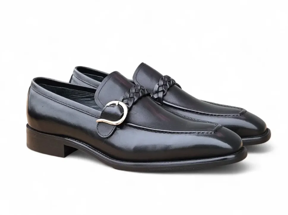 Carrucci Men's Black Leather Braided Bit Loafer with Buckle Detail
