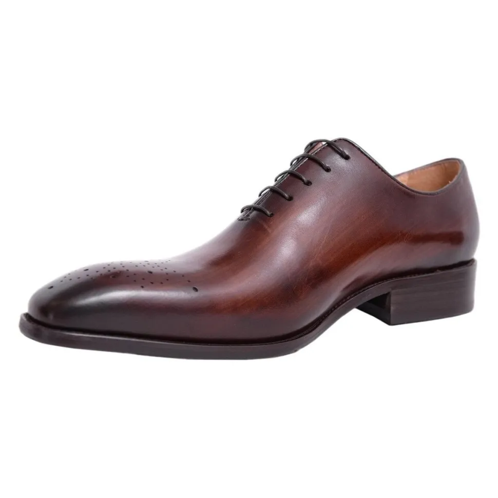 Carrucci Mens Brown Chestnut Whole Cut Oxford Leather Dress Shoes