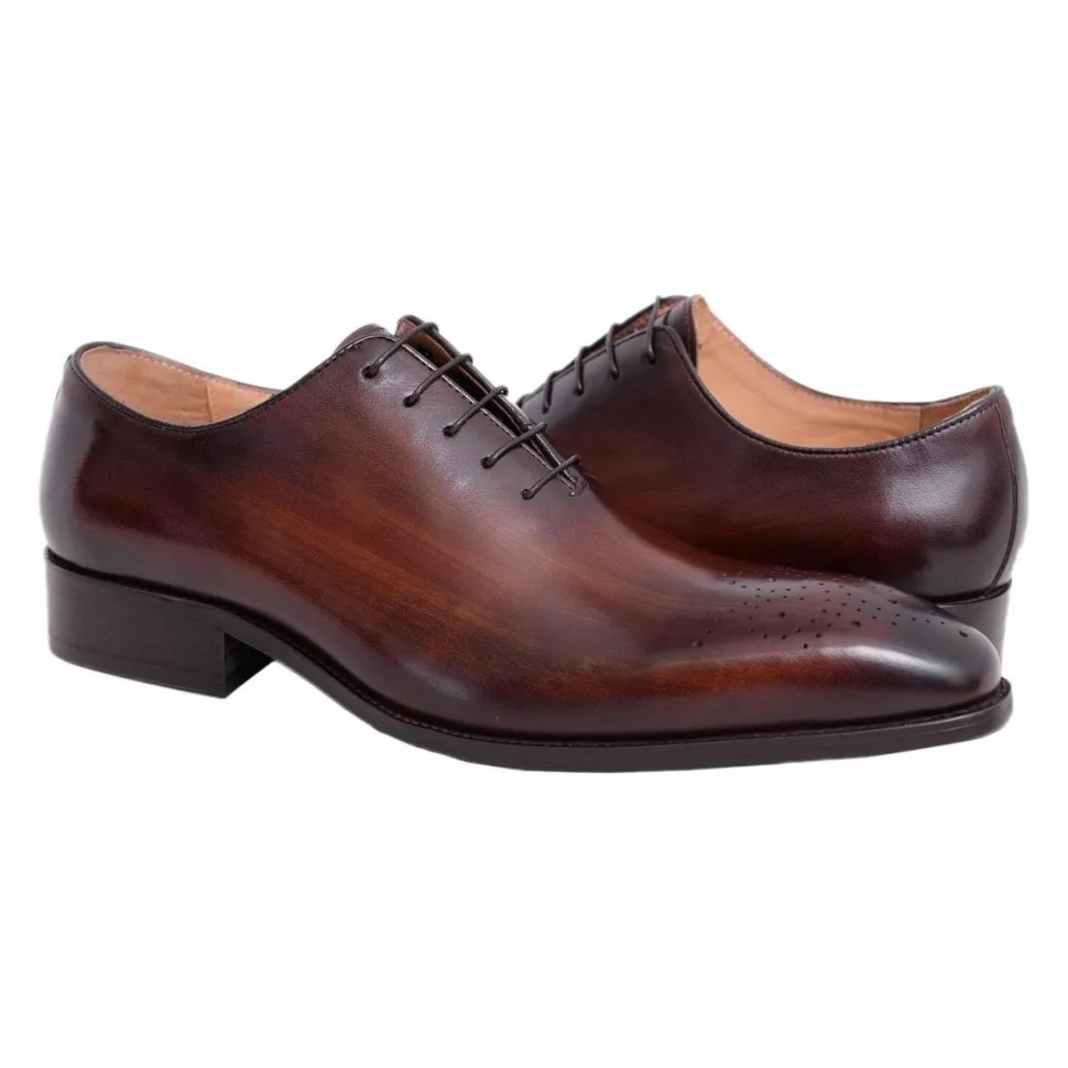 Carrucci Mens Brown Chestnut Whole Cut Oxford Leather Dress Shoes