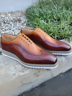 Carrucci Mens Brown/Tan Two Tone Lace-up Oxford Leather Dress Shoes