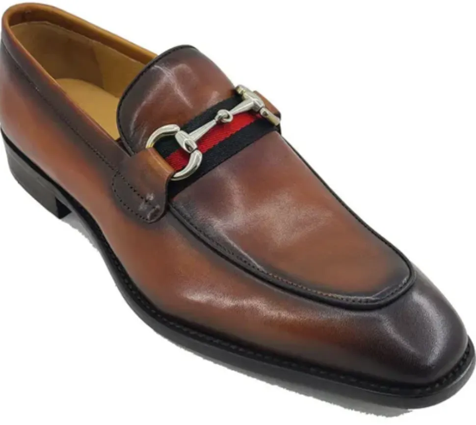 Carrucci Men's Chestnut Burnished Calfskin Horsebit Loafer Dress Shoes