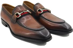 Carrucci Men's Chestnut Burnished Calfskin Horsebit Loafer Dress Shoes