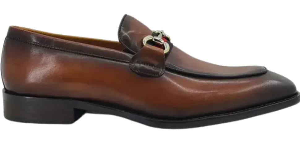 Carrucci Men's Chestnut Burnished Calfskin Horsebit Loafer Dress Shoes
