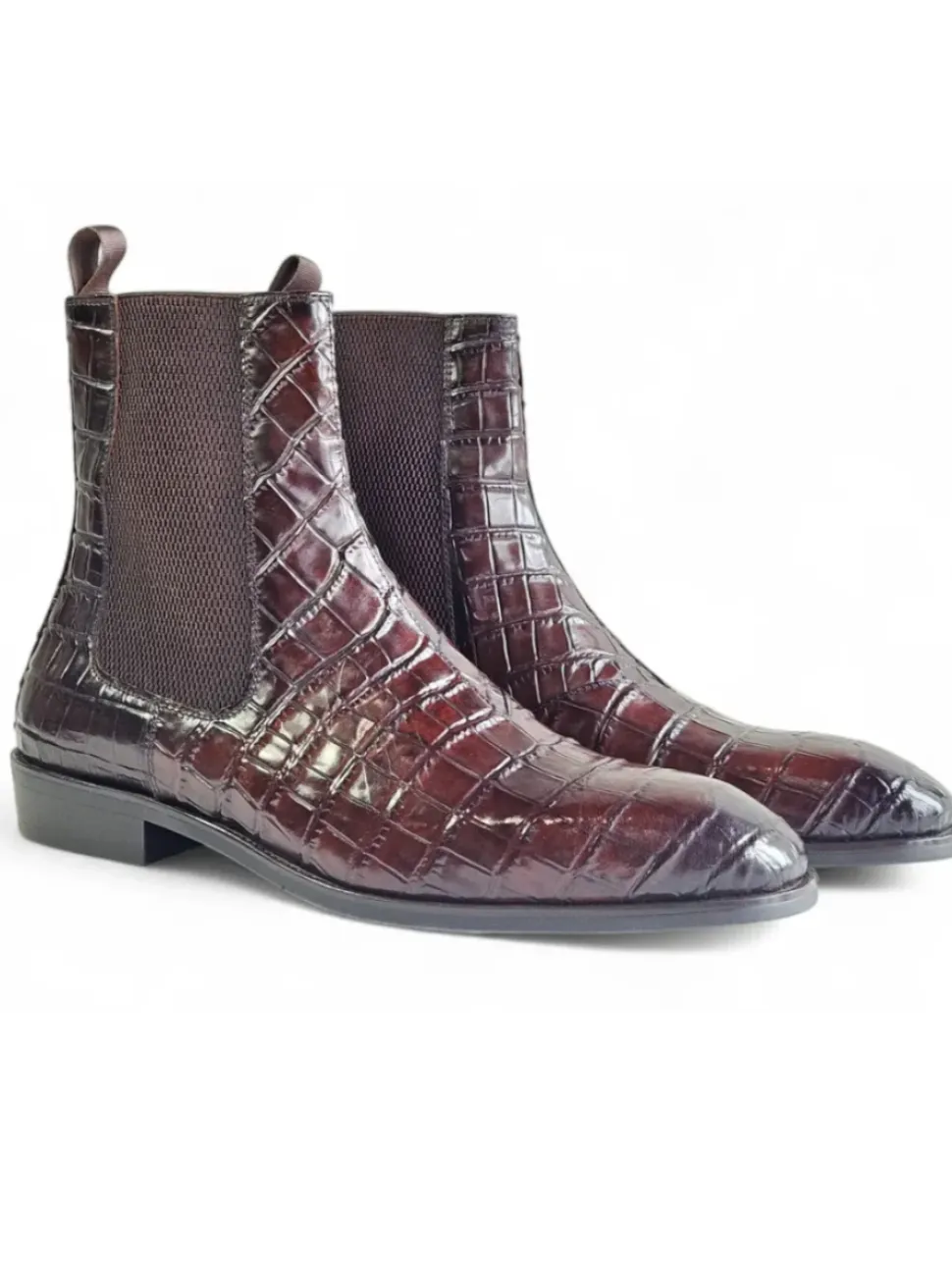 Carrucci Mens Chestnut Crocodile Embossed Leather Chelsea Boots