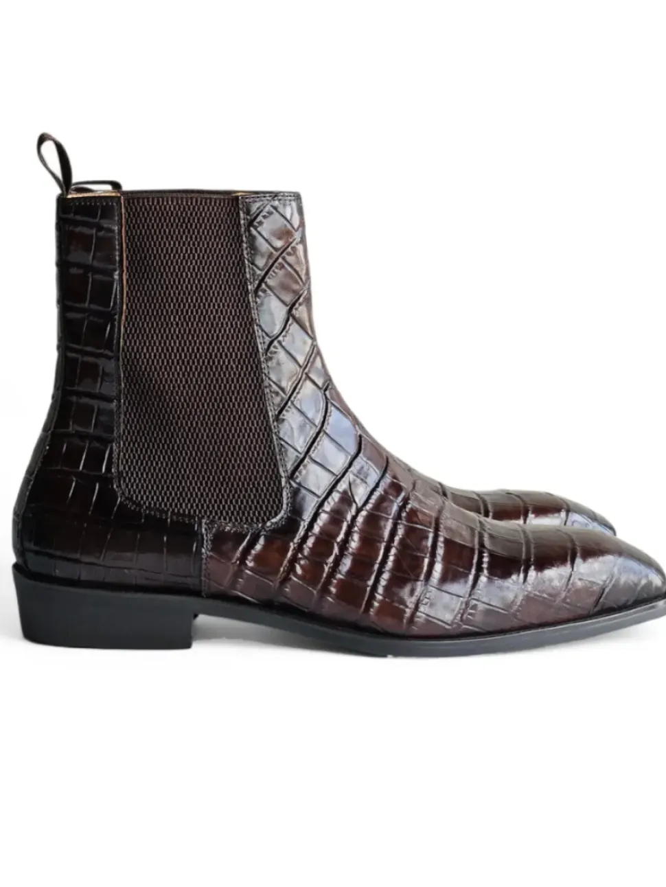 Carrucci Mens Chestnut Crocodile Embossed Leather Chelsea Boots