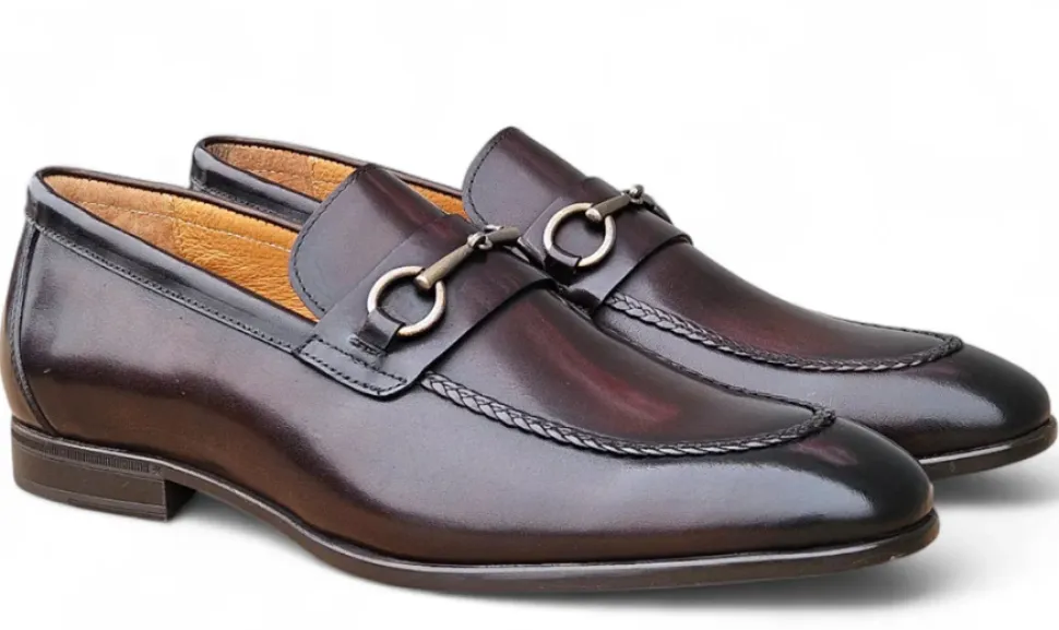 Carrucci Men’s Chestnut Full-Grain Leather Buckle Loafers