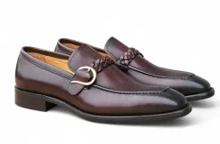 Carrucci Men's Chestnut Leather Braided Bit Loafer with Buckle Detail
