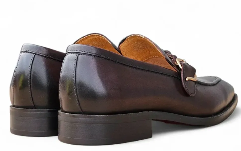 Carrucci Men's Chestnut Leather Braided Bit Loafer with Buckle Detail