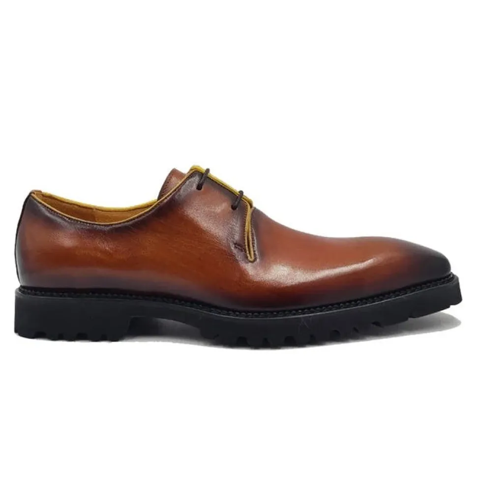 Carrucci Mens Cognac Brown Lace-up Oxford Leather Dress Shoes With Lug Sole