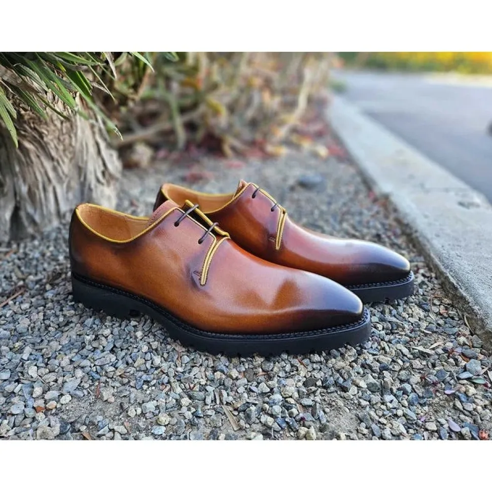 Carrucci Mens Cognac Brown Lace-up Oxford Leather Dress Shoes With Lug Sole