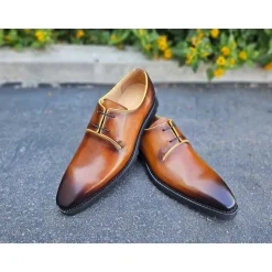Carrucci Mens Cognac Brown Lace-up Oxford Leather Dress Shoes With Lug Sole