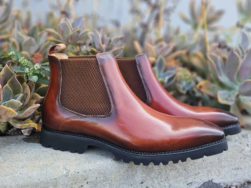 Carrucci Mens Cognac Brown Slip On Chelsea Leather Dress Boots