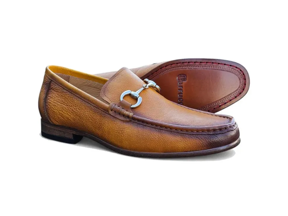 Carrucci Mens Cognac Tumble Leather Buckle Loafer Dress Shoes