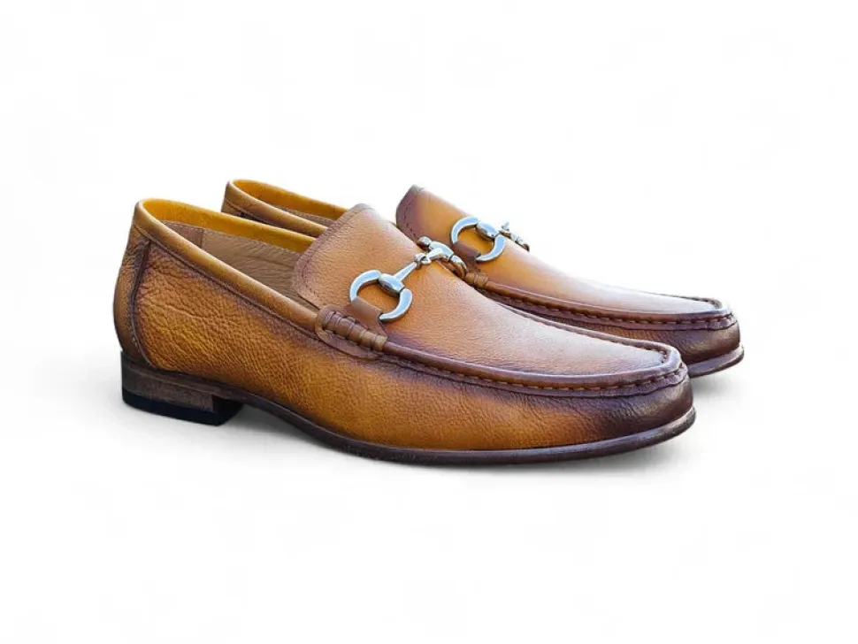 Carrucci Mens Cognac Tumble Leather Buckle Loafer Dress Shoes