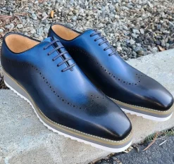 Carrucci Mens Dark Navy/Blue Two Tone Lace-up Oxford Leather Dress Shoes