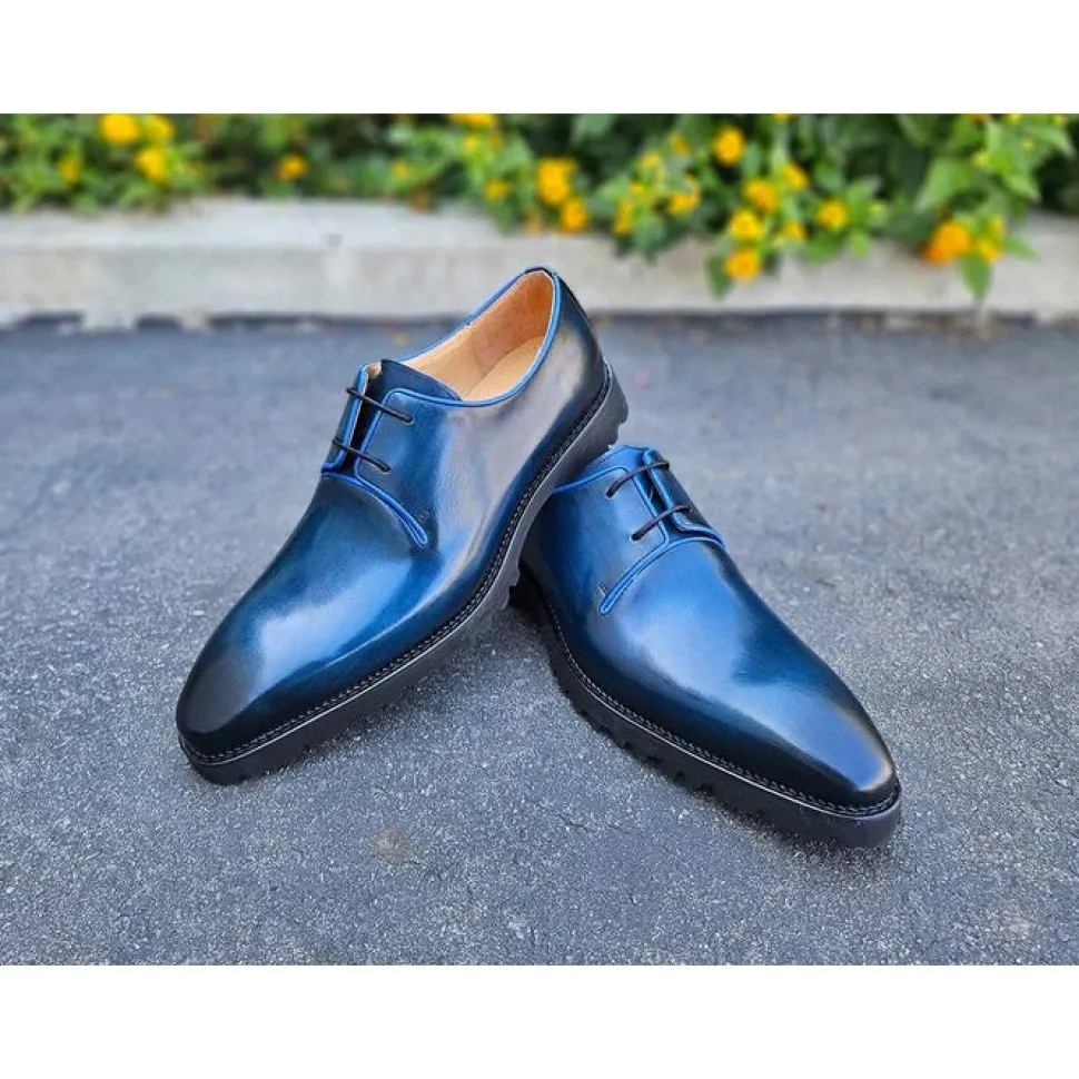 Carrucci Mens Navy Blue Lace-up Oxford Leather Dress Shoes With Lug Sole