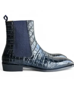 Carrucci Mens Navy Crocodile Embossed Leather Chelsea Boots
