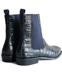 Carrucci Mens Navy Crocodile Embossed Leather Chelsea Boots