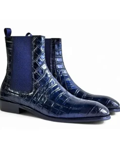 Carrucci Mens Navy Crocodile Embossed Leather Chelsea Boots