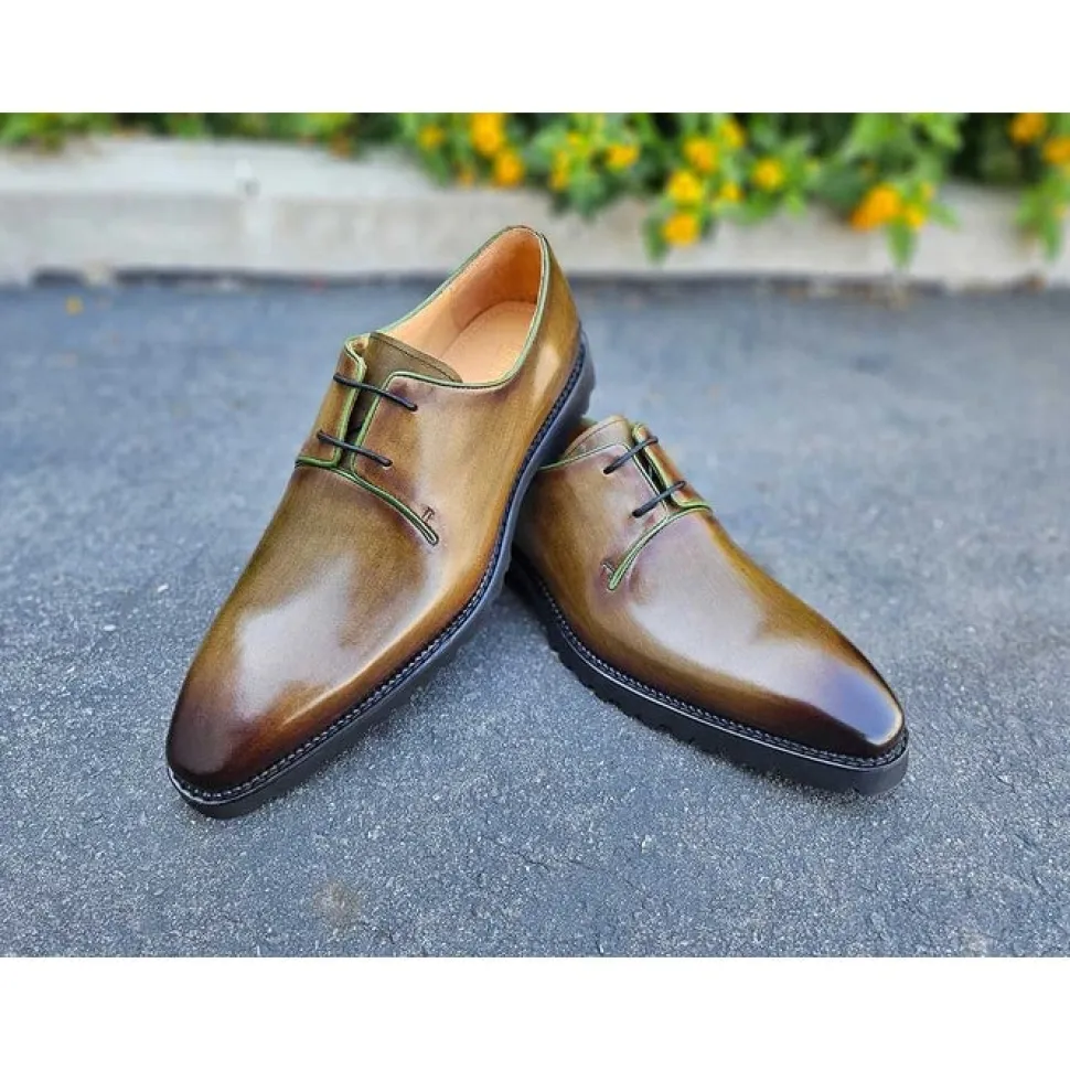Carrucci Mens Olive Green Lace-up Oxford Leather Dress Shoes With Lug Sole